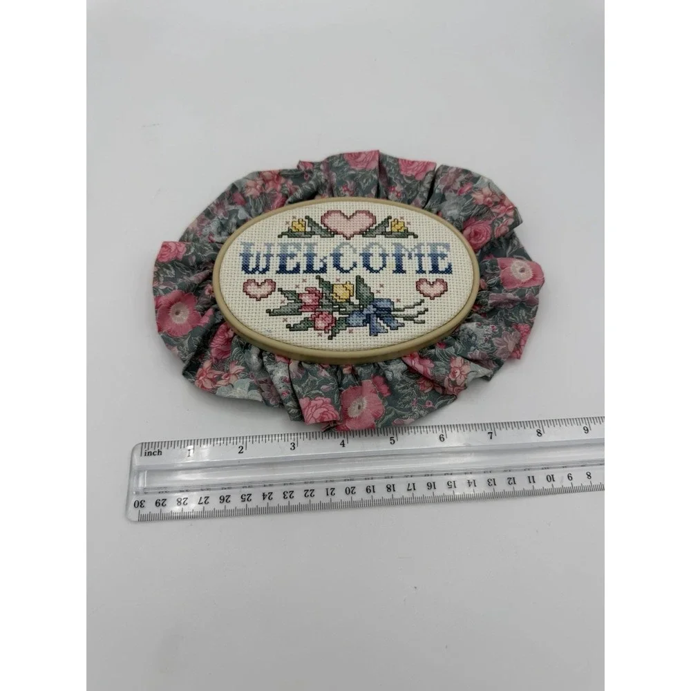 Hand Embroidered Welcome Oval Hoop Laced Edges Counted Cross Stitch Needlepoint
